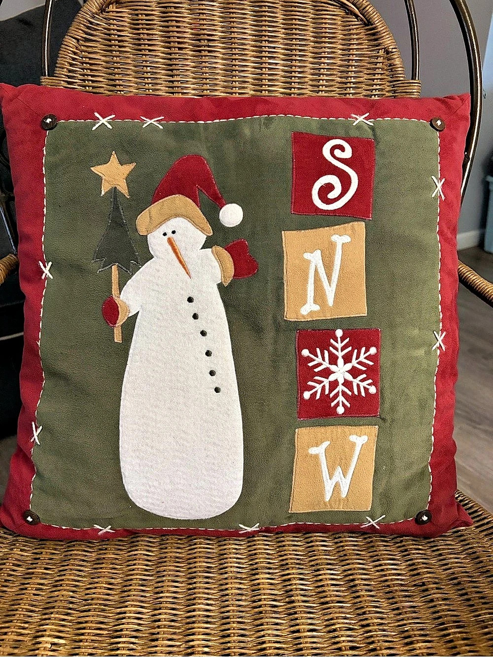 Primitive Accent Pillow Holiday Snowman Winter Folk Art Design